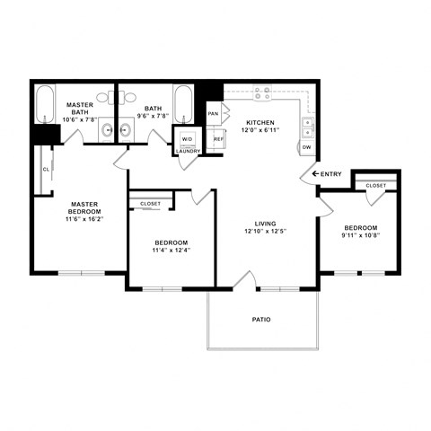 Floor plan for 3 beds, 2 baths, 1043 sqft